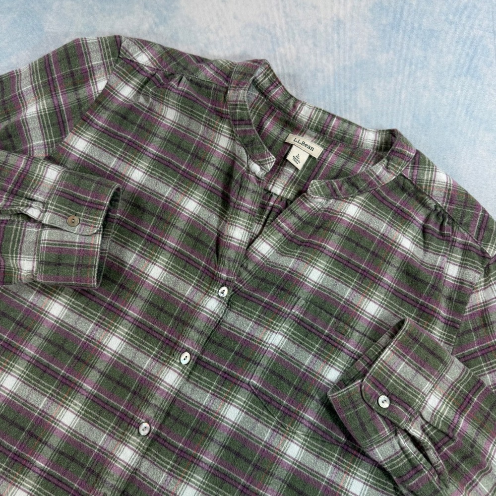 L.L.Bean Flannel Shirt Womens Large Green Plaid Excellent Henley Cotton 290384